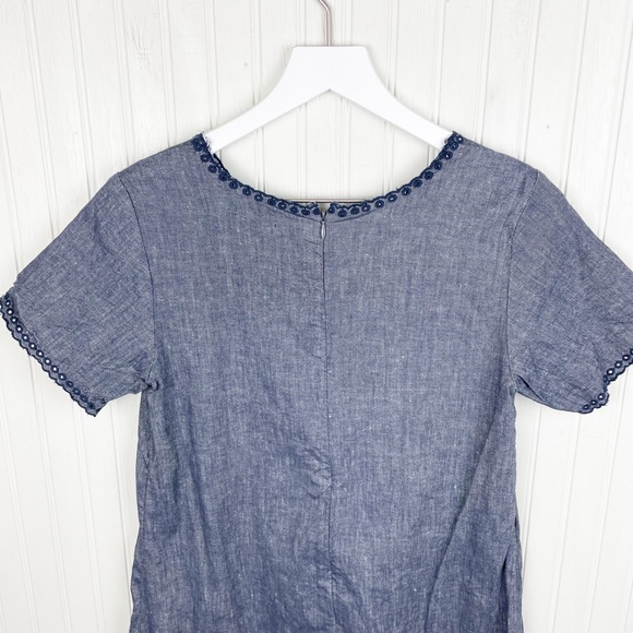 Ann Taylor Blue Chambray Shift Dress Size 4 Embroidered Eyelet Linen Cotton Boho - Picture 8 of 9